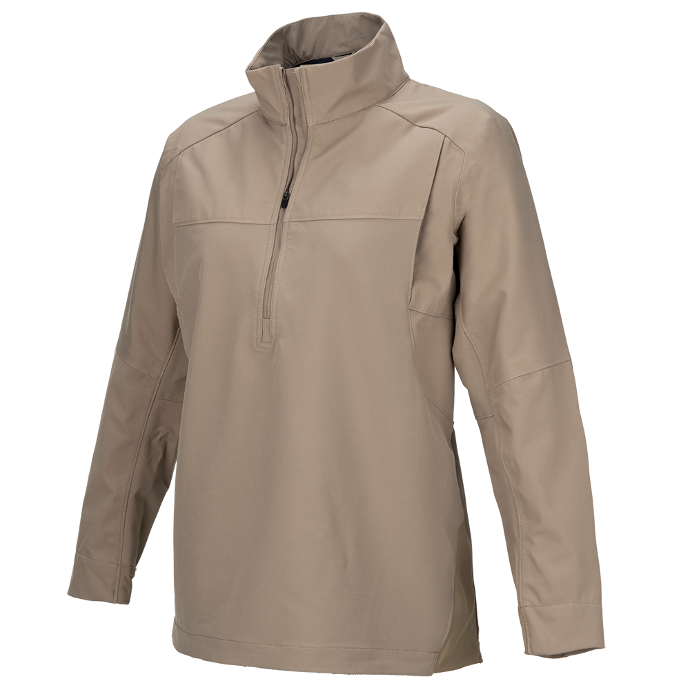 Product shot of a beige women's quarter-zip pullover jacket with darker beige side panels and a sleek, minimalist design