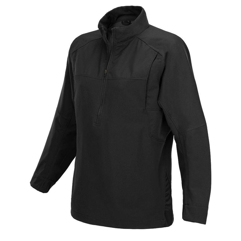 Product shot of a black soft-shell tactical shirt with quarter zip and reinforced elbow patches showing durable fabric and subtle stitching details