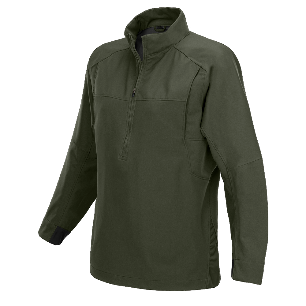 Product shot of a dark olive green tactical softshell jacket with a half zip and black cuffs featuring reinforced elbow patches and a streamlined design