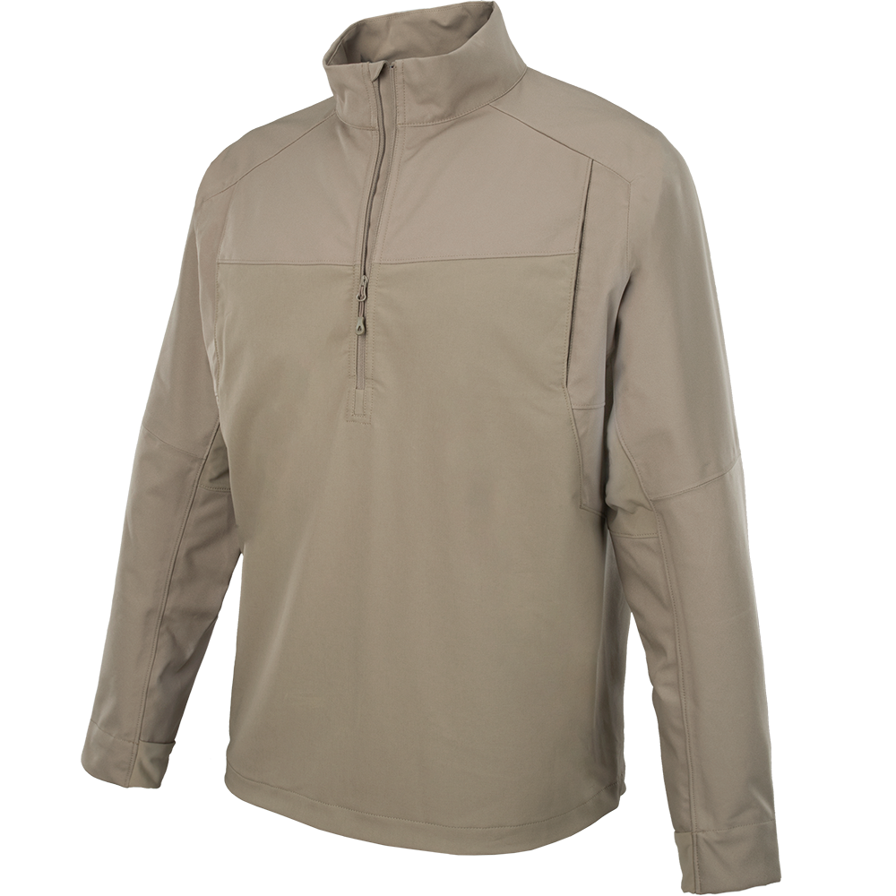 Product shot of a tan soft-shell jacket featuring a half-zip closure, reinforced elbows, and subtle texture.