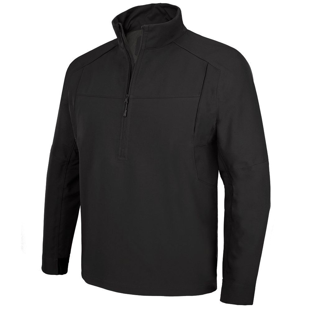 Product shot of a black soft shell jacket featuring a half-zip closure, reinforced elbows, and subtle stitching details