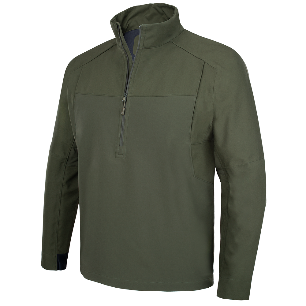 Product shot of a dark olive green men's Softshell jacket featuring a half zip, articulated elbows and black cuffs