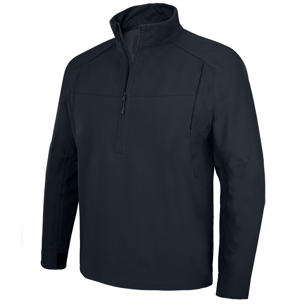 Product shot of a dark navy softshell jacket featuring a half zip closure, reinforced shoulder panels, and contrasting gray interior collar