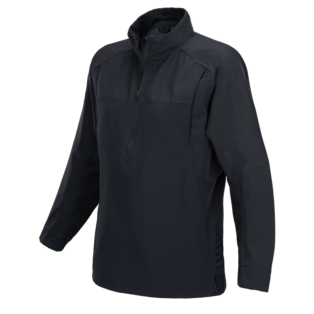 Product shot of a dark navy blue men's Softshell jacket featuring a half zip closure and two chest pockets with subtle stitching detail