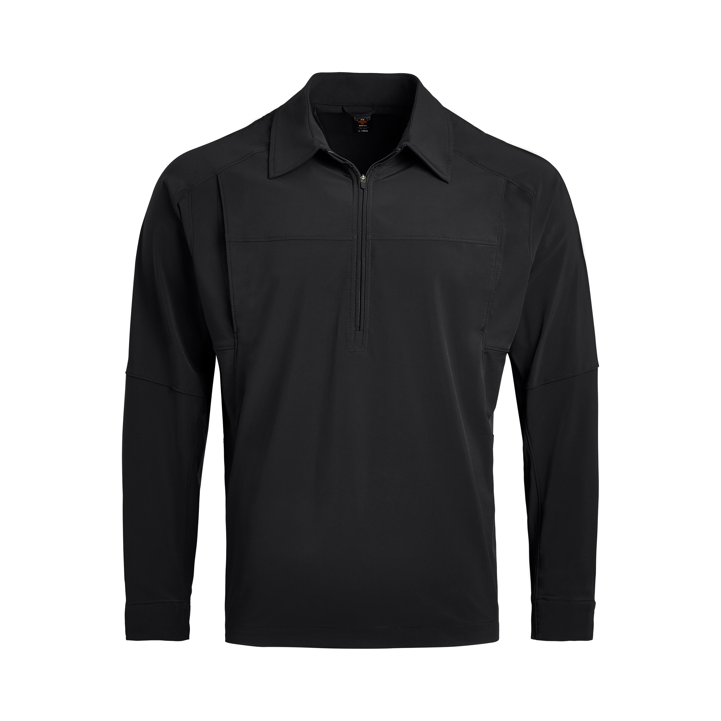 Product shot of a black 5.11 Tactical Men's long sleeve shirt featuring a half-zip closure, subtle stitching details, and a small logo tag on the collar