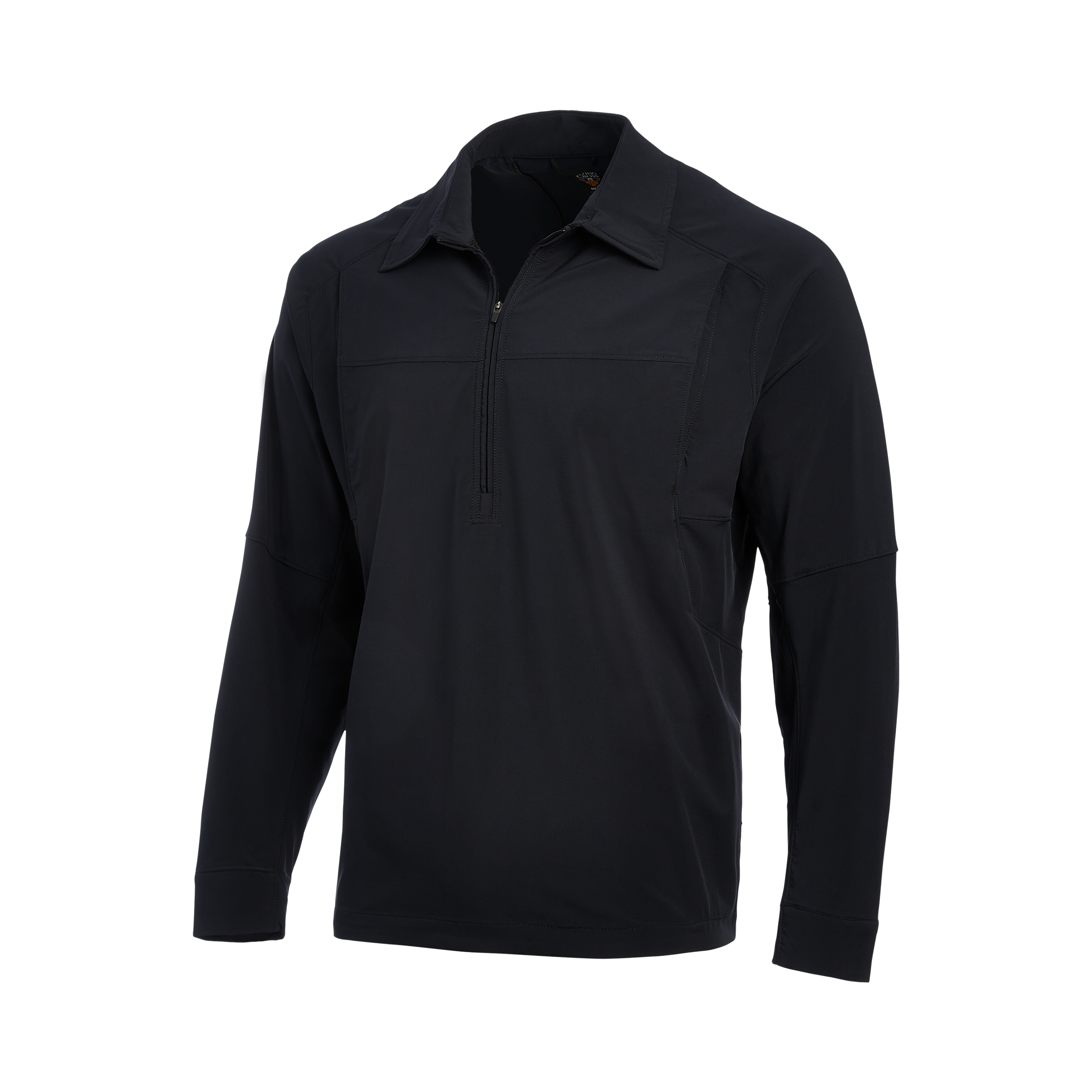 Product shot of 5.11 Tactical's black, long-sleeve shirt featuring a half-zip closure, reinforced stitching, and subtle, embroidered branding on the collar