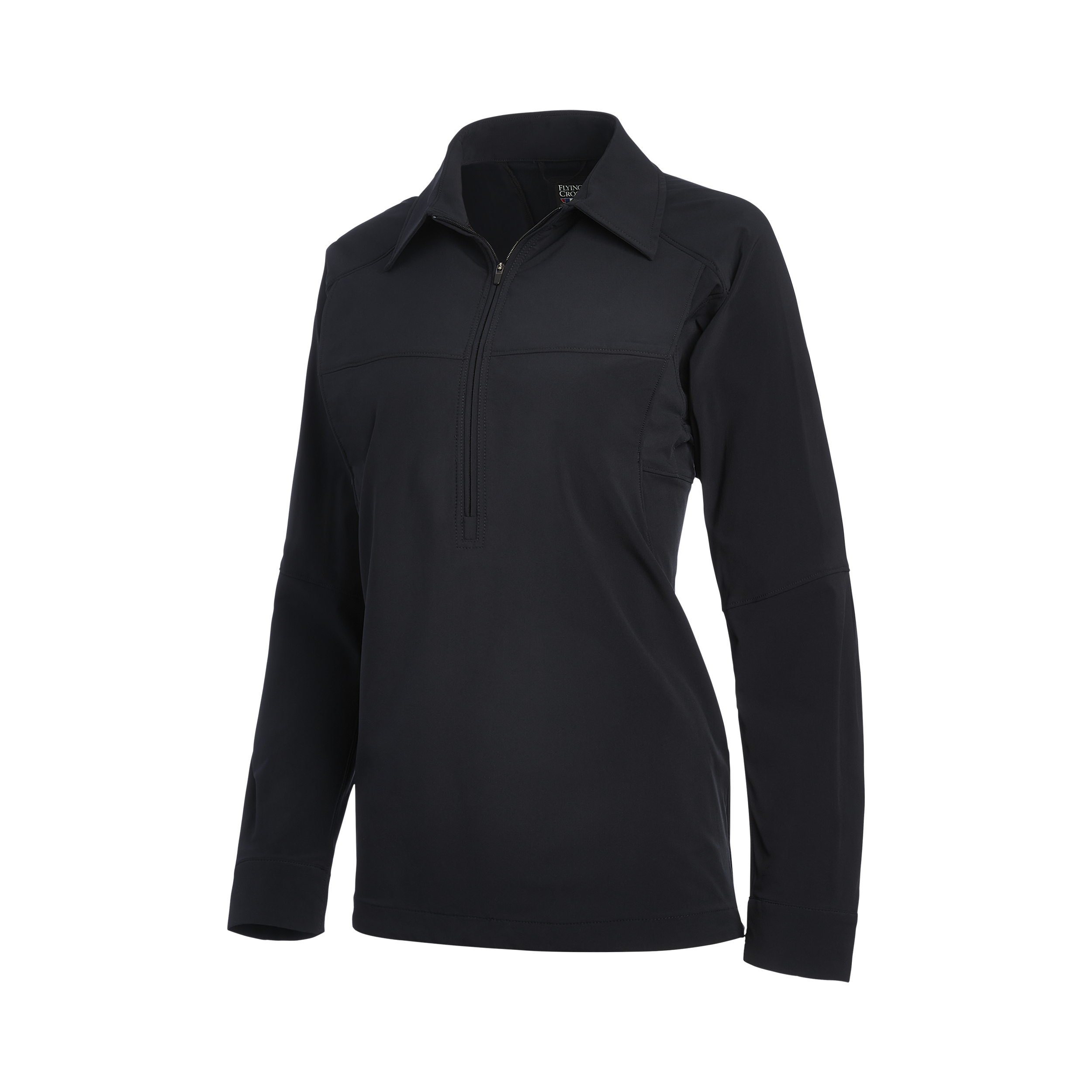 Product shot of a black Flying Cross women's long-sleeve zip-up shirt featuring a collared neckline and subtle stitching details on the chest and sleeves against a neutral background