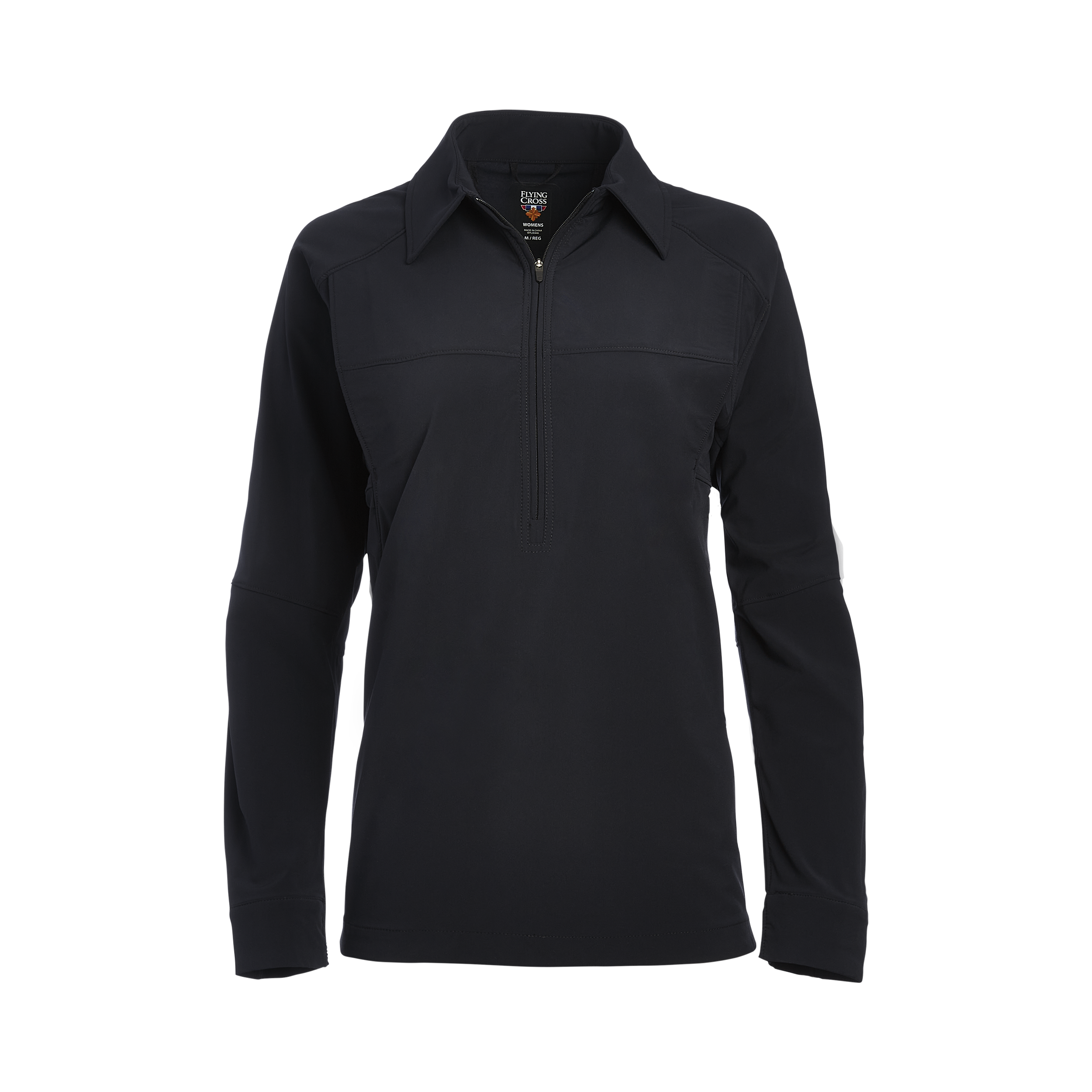 Product shot of a Flying Cross women's black long-sleeved shirt featuring a half-zip closure, subtle stitching details, and a small embroidered logo