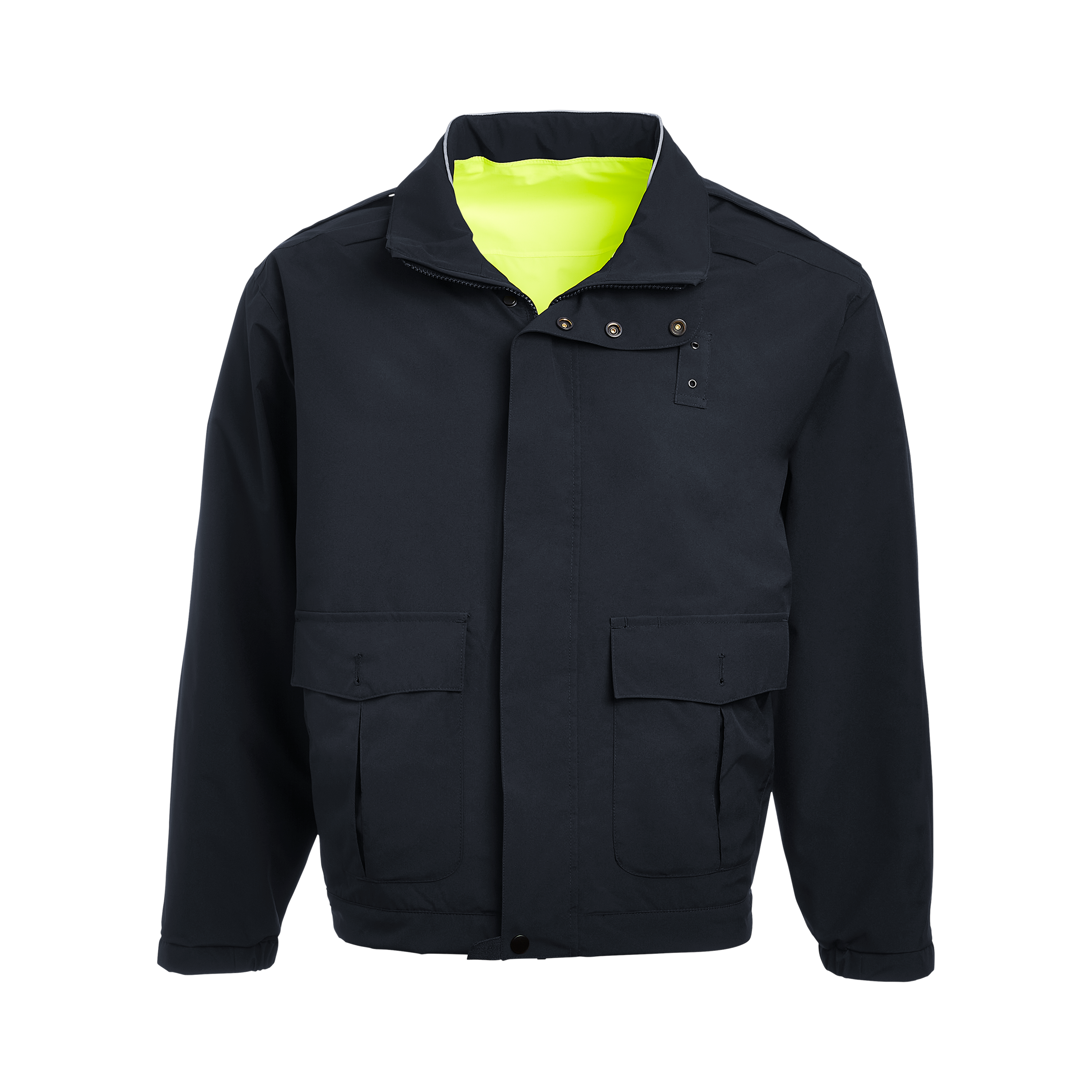 Product shot of a navy blue jacket with a neon yellow inner lining featuring two lower pockets and snap button closures
