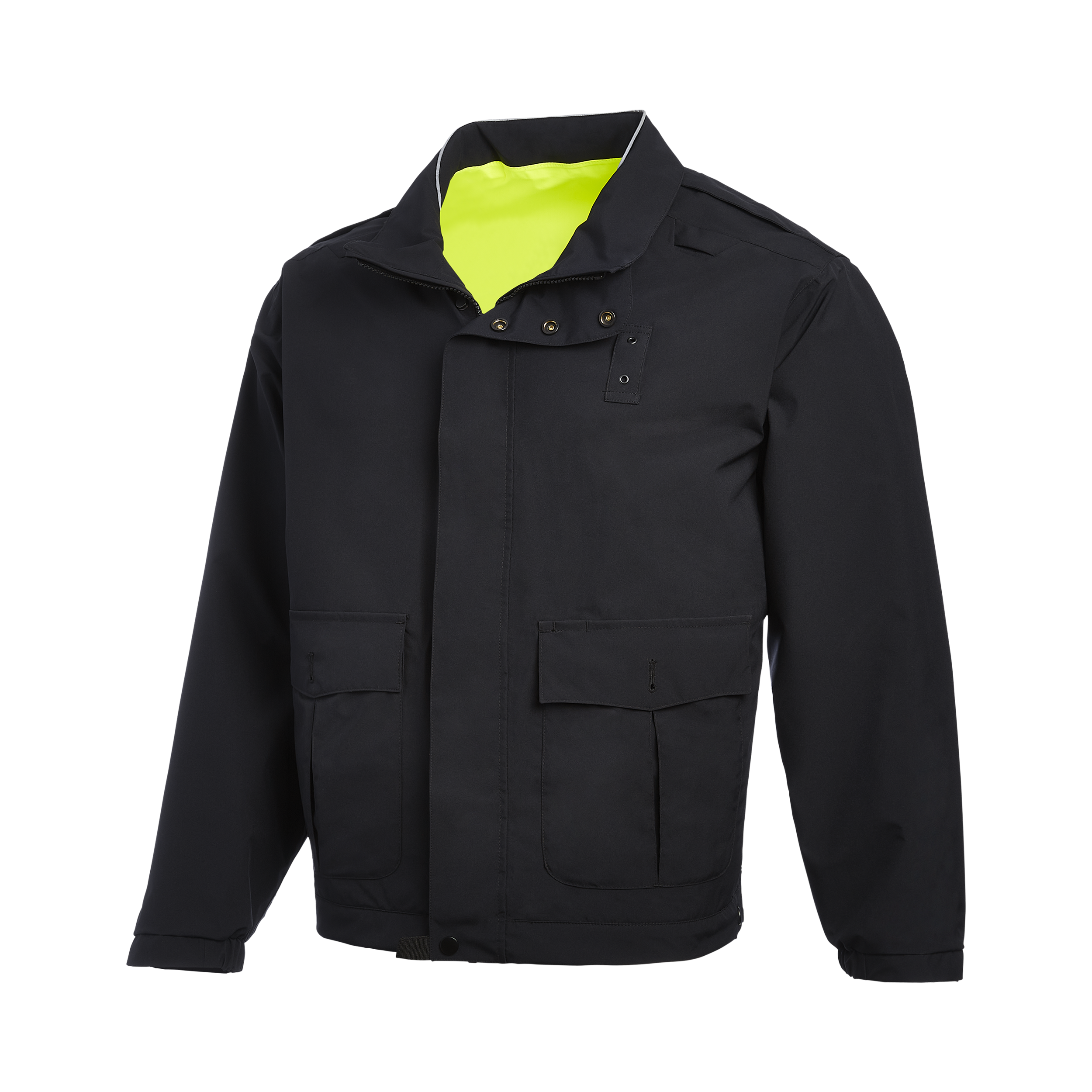 Product shot of a black jacket with a neon yellow inner lining showing at the collar, featuring snap buttons and two lower pockets