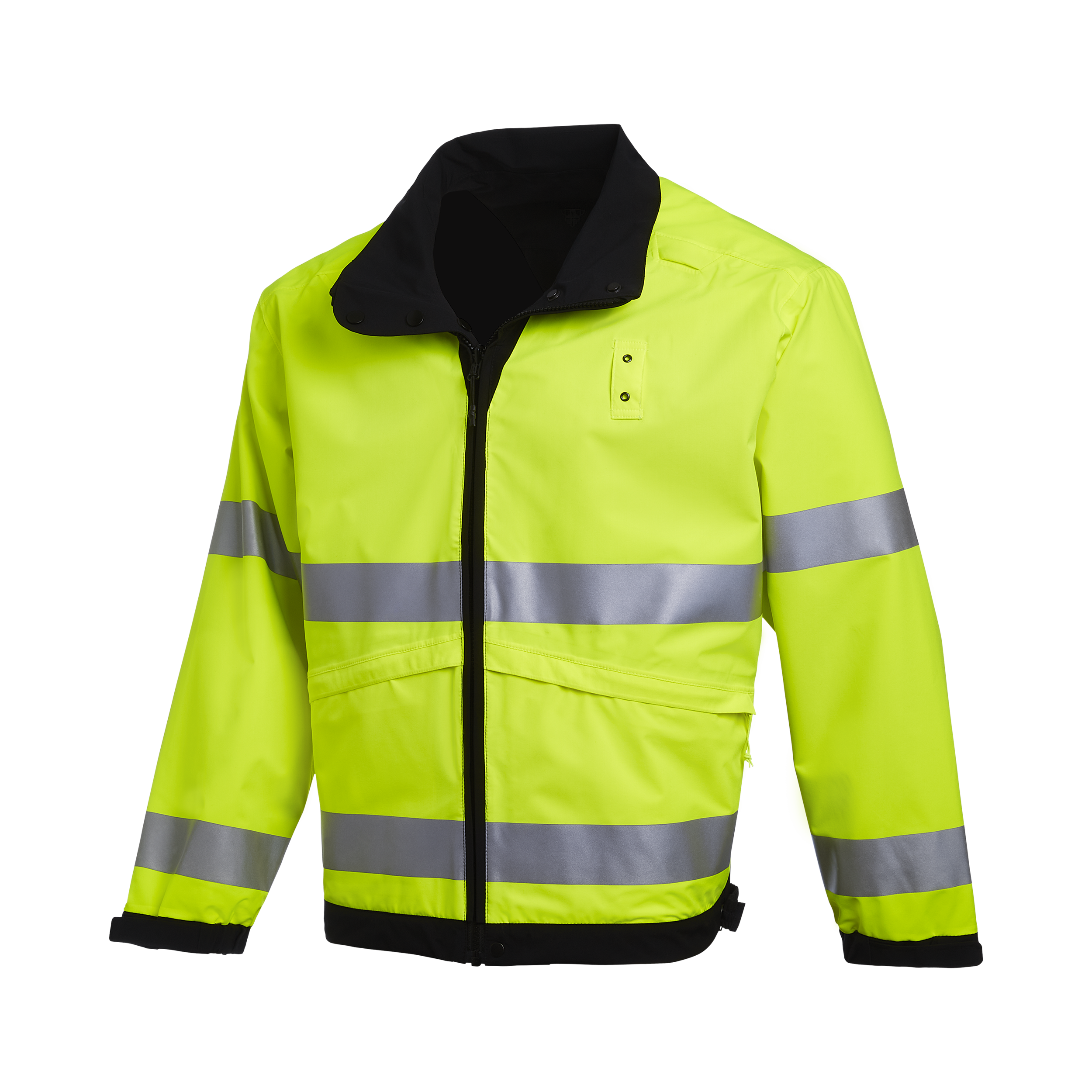 Product shot of a bright neon yellow safety jacket with reflective silver stripes and black accents on the collar and cuffs