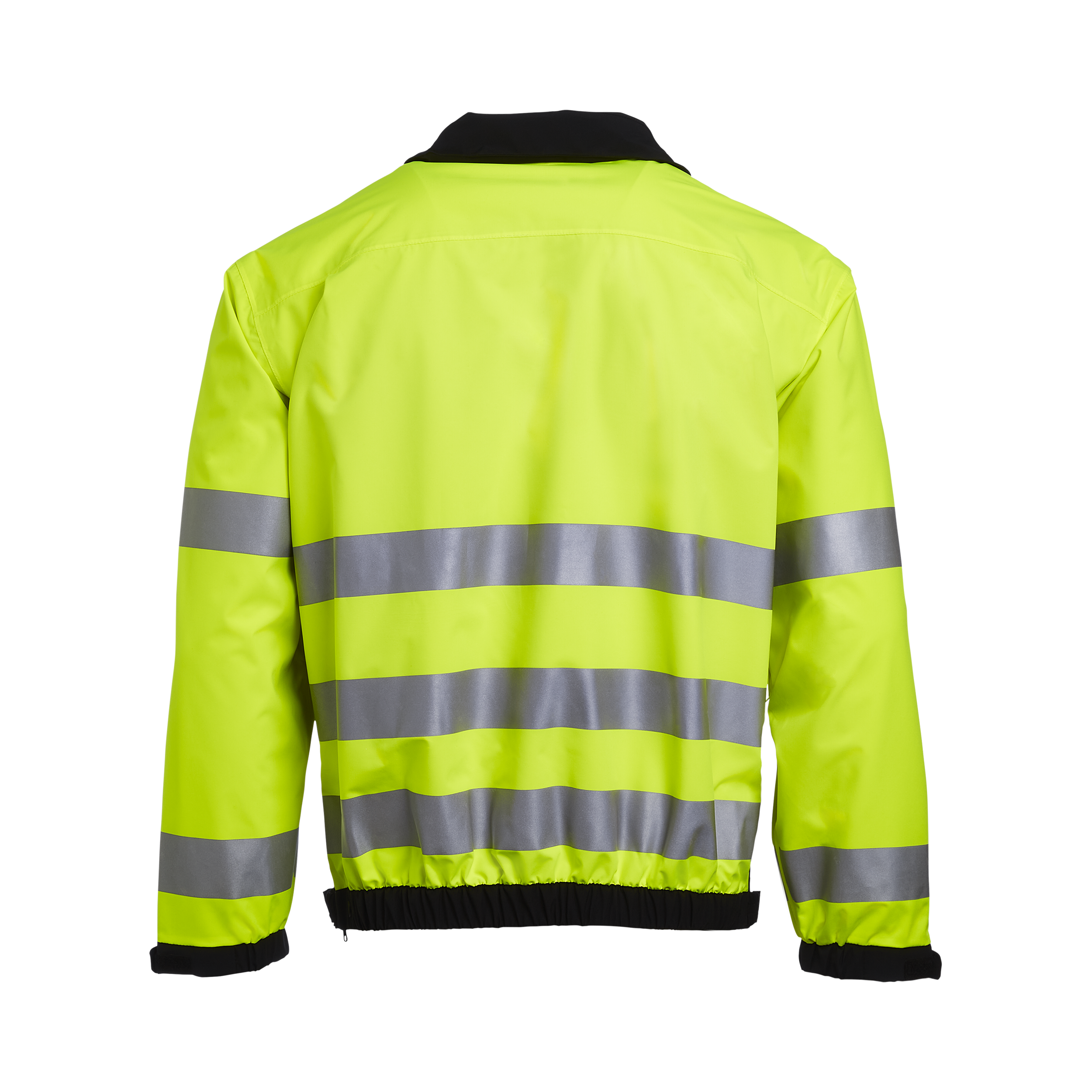 Product shot showing the back of a neon yellow safety jacket with reflective silver stripes and black ribbed cuffs and collar