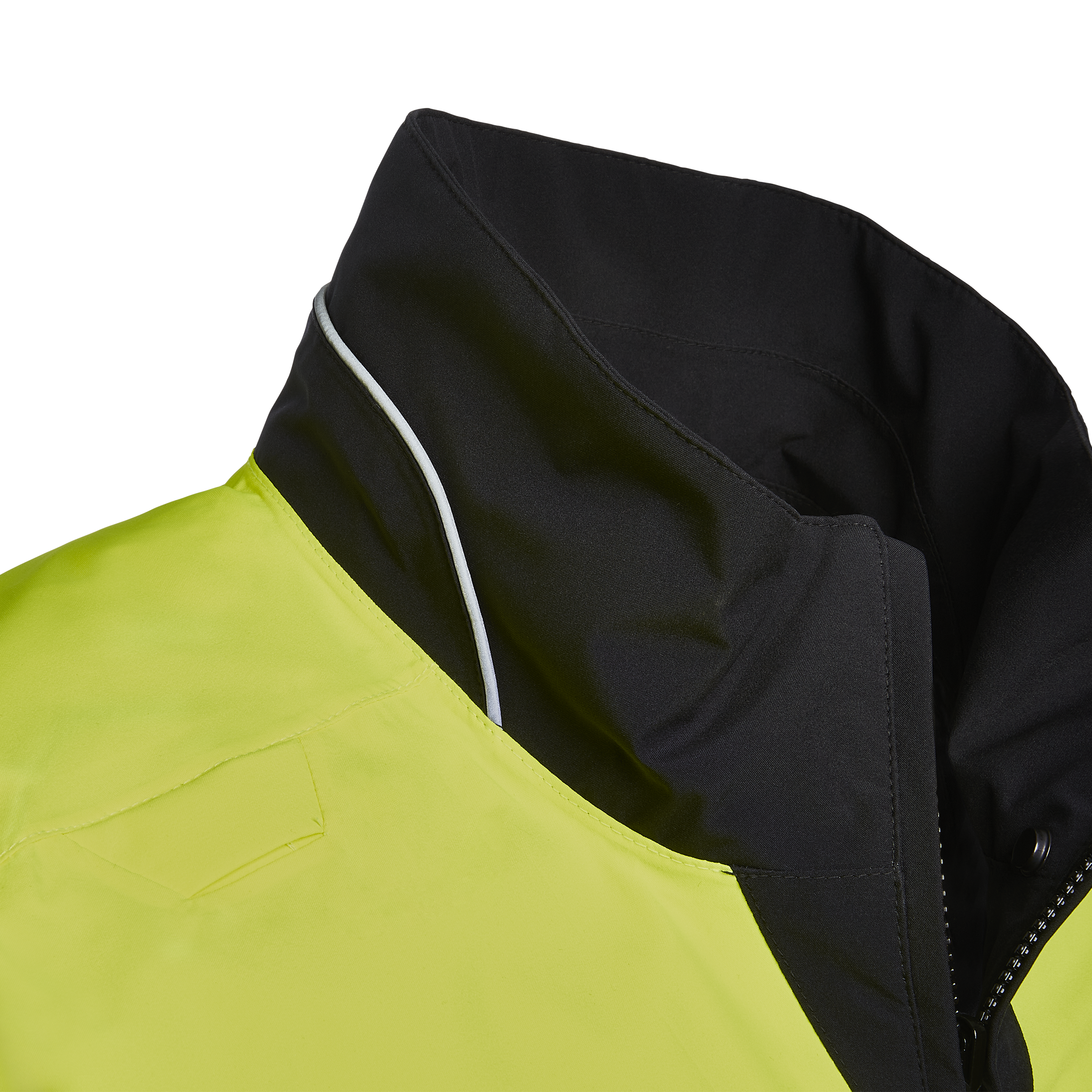Product shot of a lime green and black jacket featuring a contrasting collar, subtle stitching detail, and a zipper closure