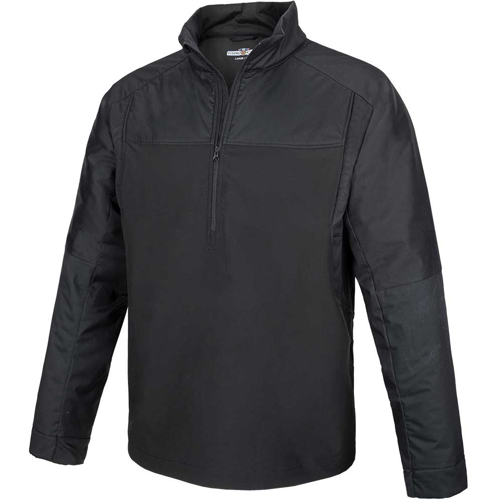 Product shot of a black Flying Cross Large size men's pullover jacket featuring a half-zip closure reinforced elbow patches and a subtle logo on the collar