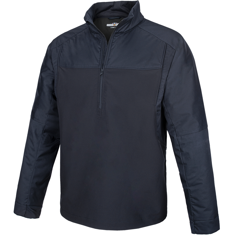 Product shot of a Flying Cross large navy blue men's half-zip pullover featuring contrasting panels and a reinforced zipper