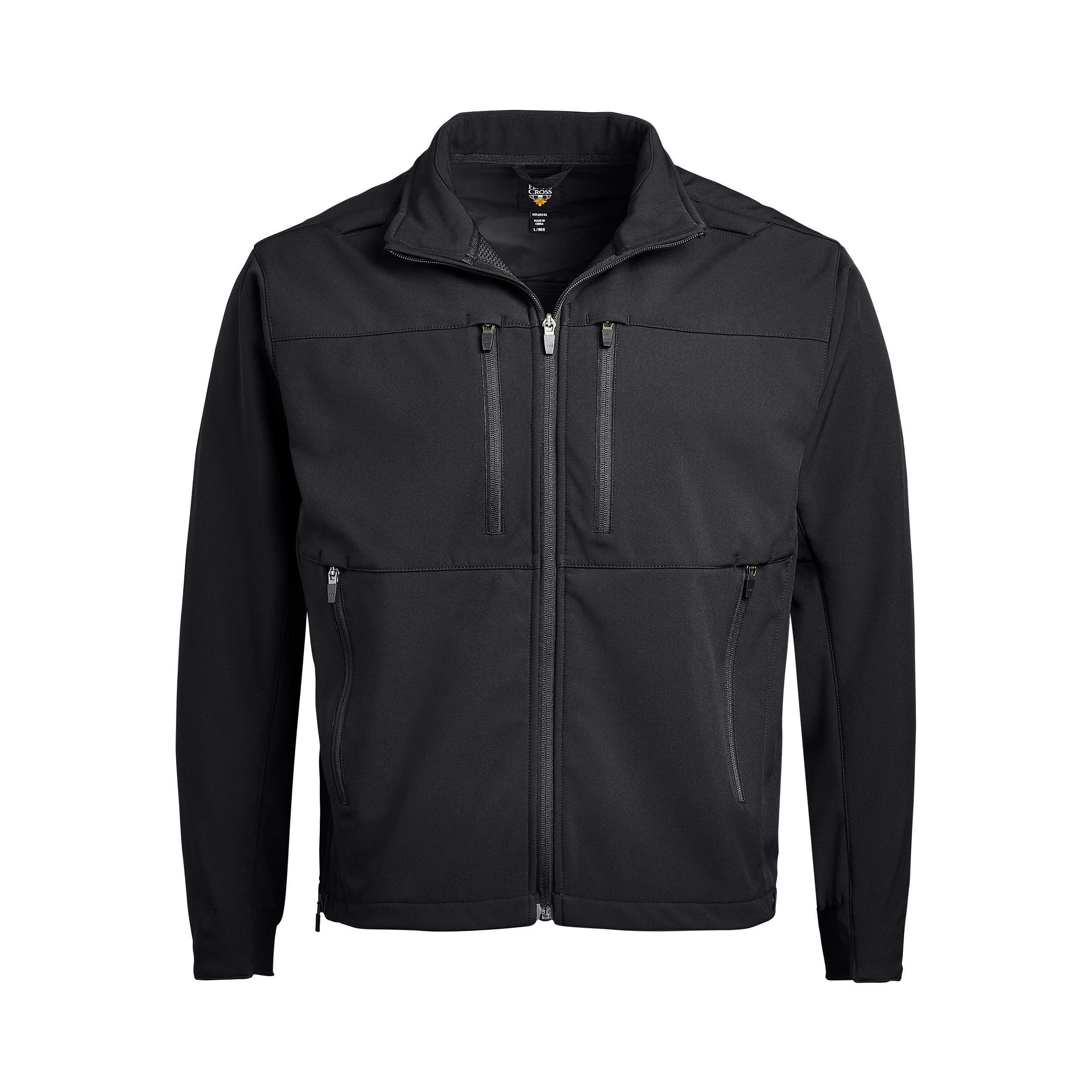 Product shot of a black, full-zip soft-shell jacket with zippered pockets and subtle stitching details, showcasing the brand logo on the inner collar