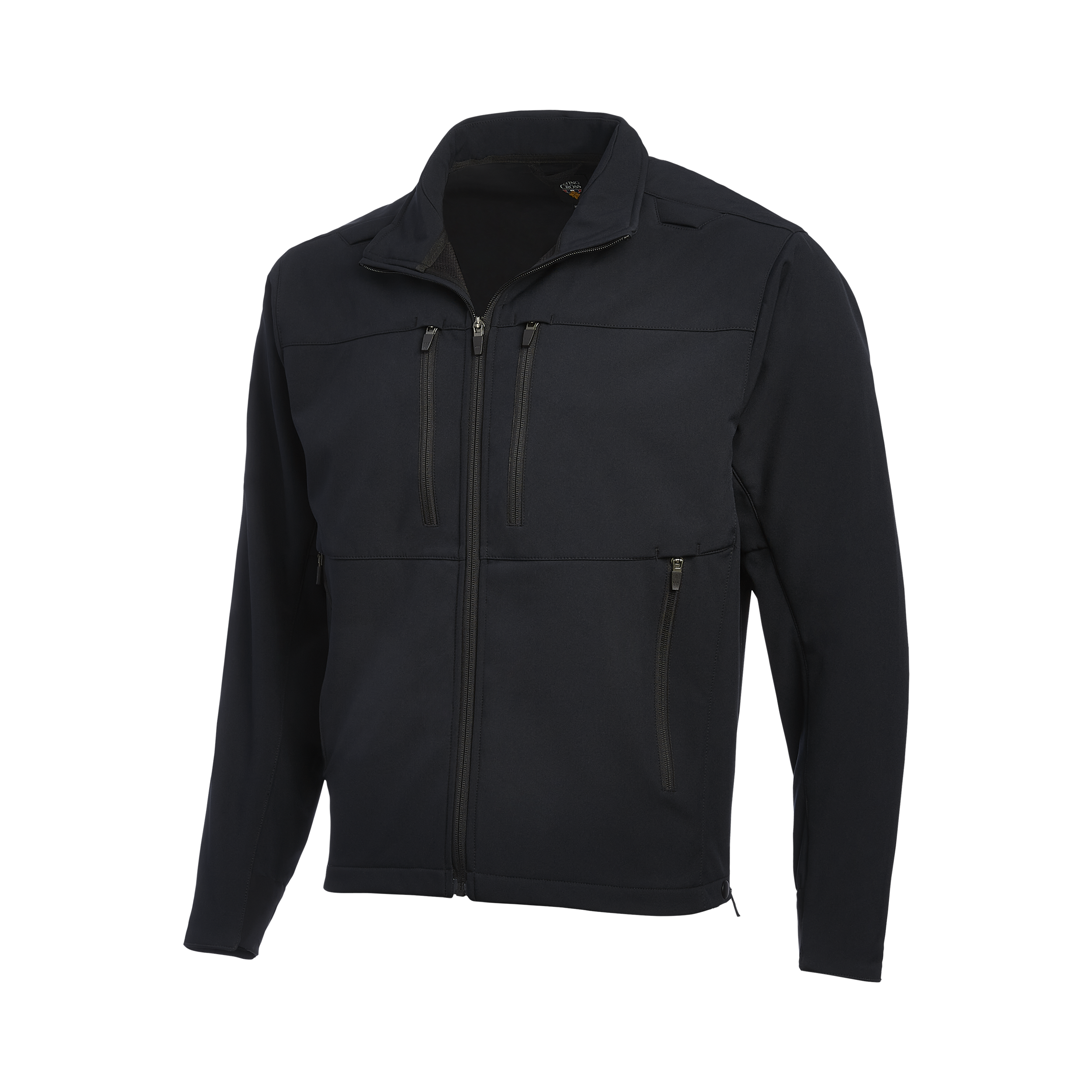 Product shot of a dark navy blue King Cross softshell jacket featuring a full zip front, two zippered chest pockets, and subtle stitching details
