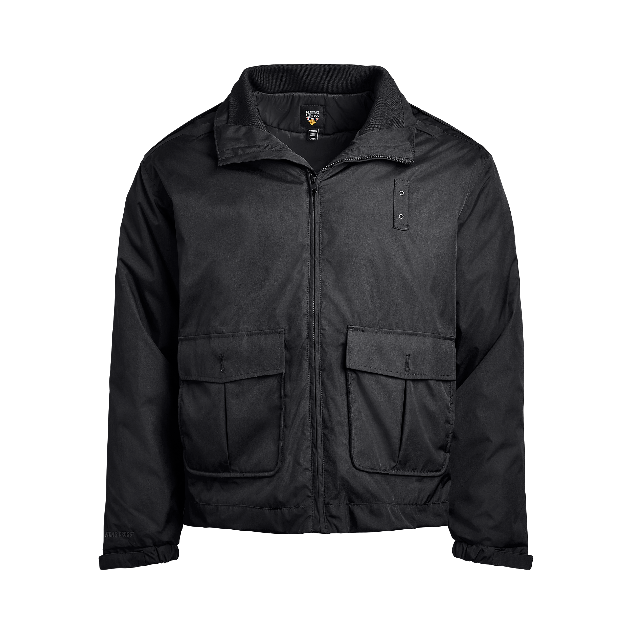 Product shot of a black Flying Cross brand jacket featuring a zipper, two lower pockets, and ribbed cuffs