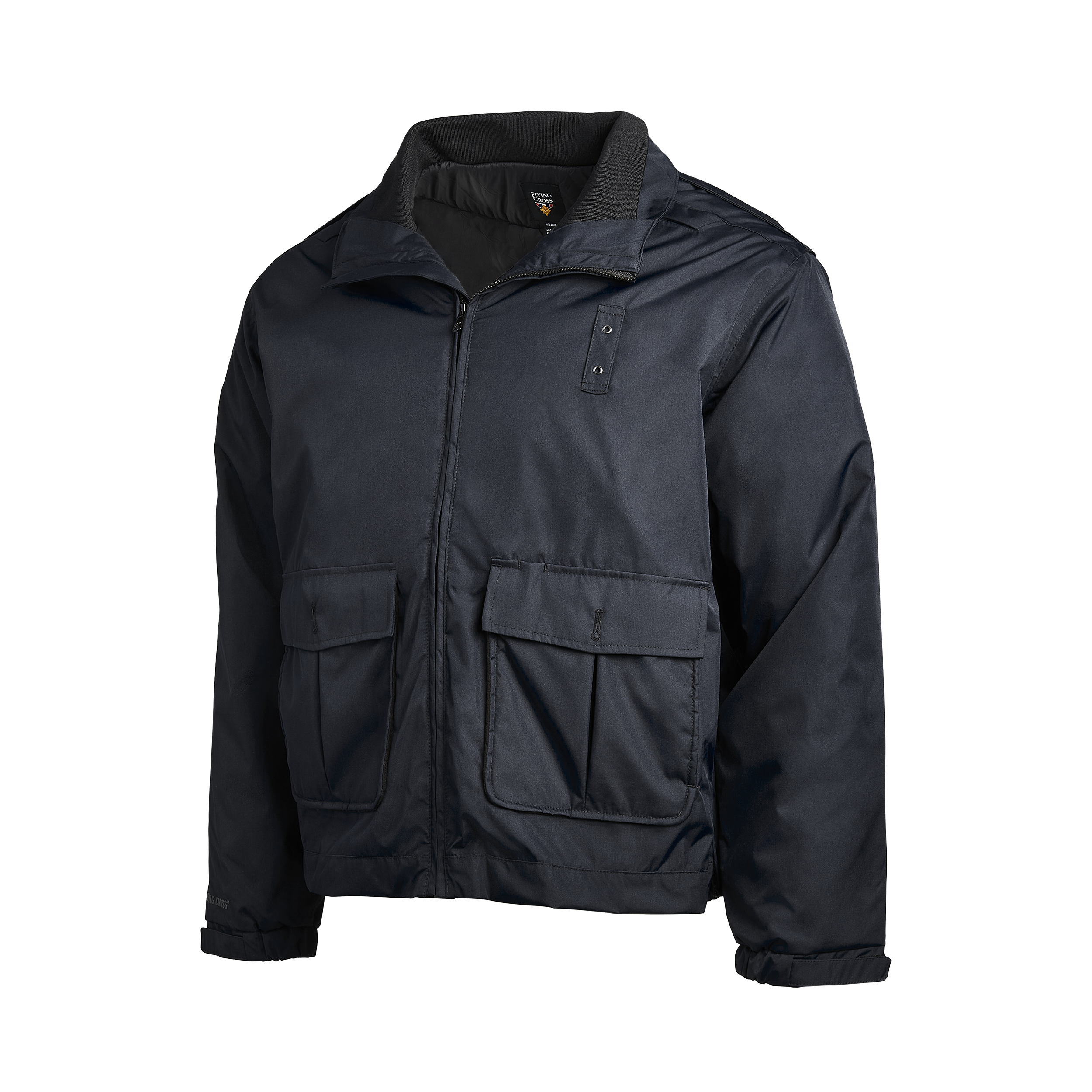 Product shot of a Flying Cross brand black jacket featuring a high collar, two lower pockets, and a small logo patch on the chest