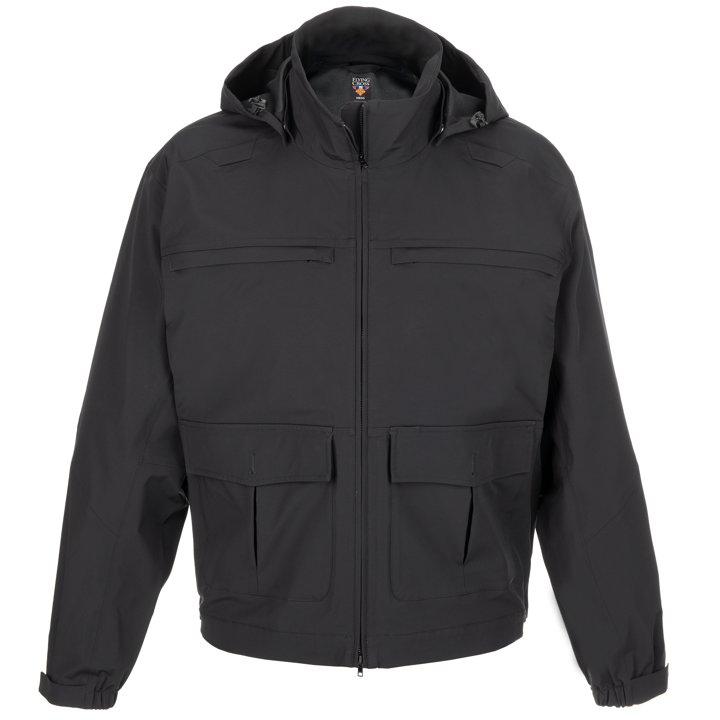 Flying Cross Mens black softshell jacket featuring a hooded collar, zipper closure, and multiple utility pockets with subtle stitching details