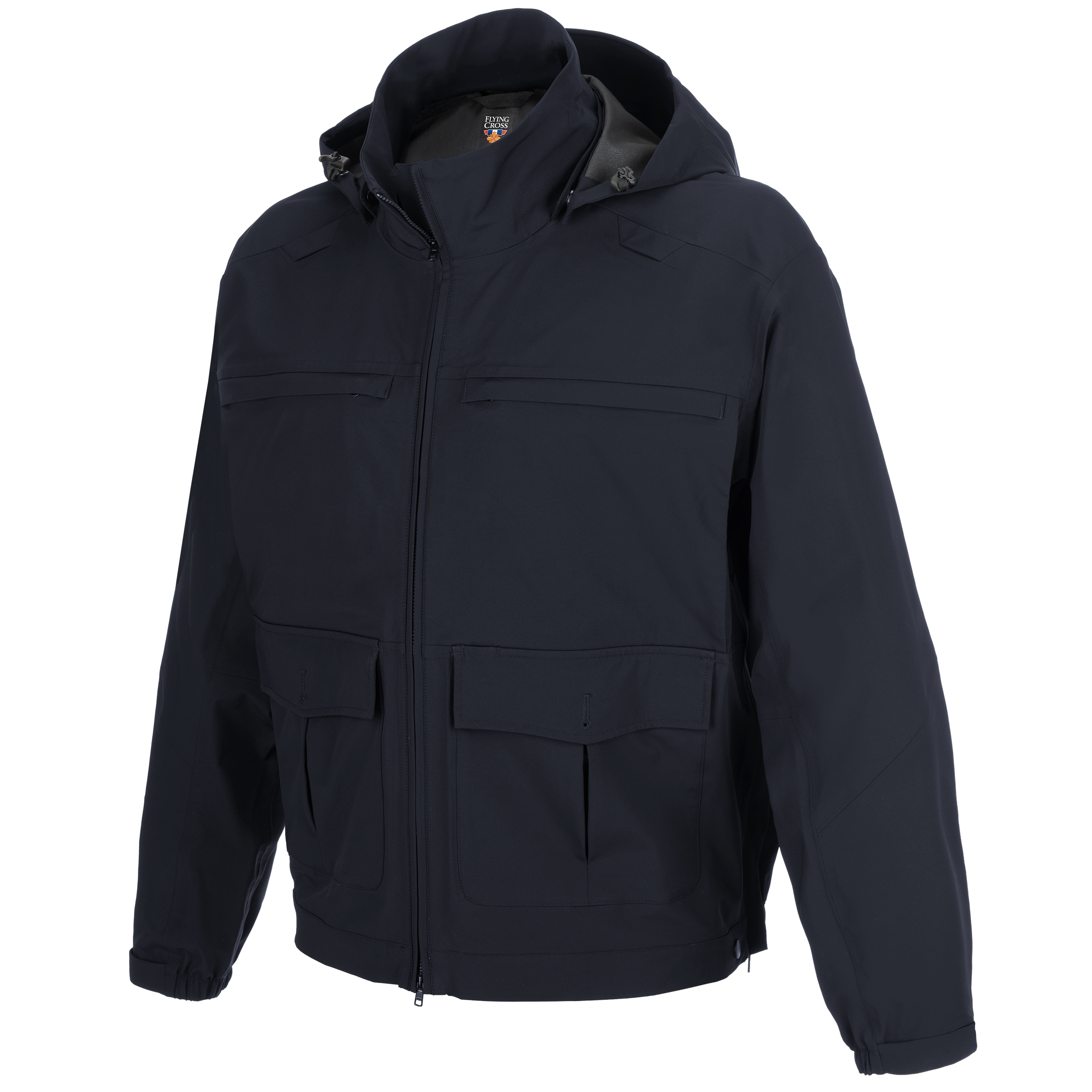 Flying Cross navy softshell jacket with a hooded collar, zipper closure, and multiple pockets featuring subtle stitching details