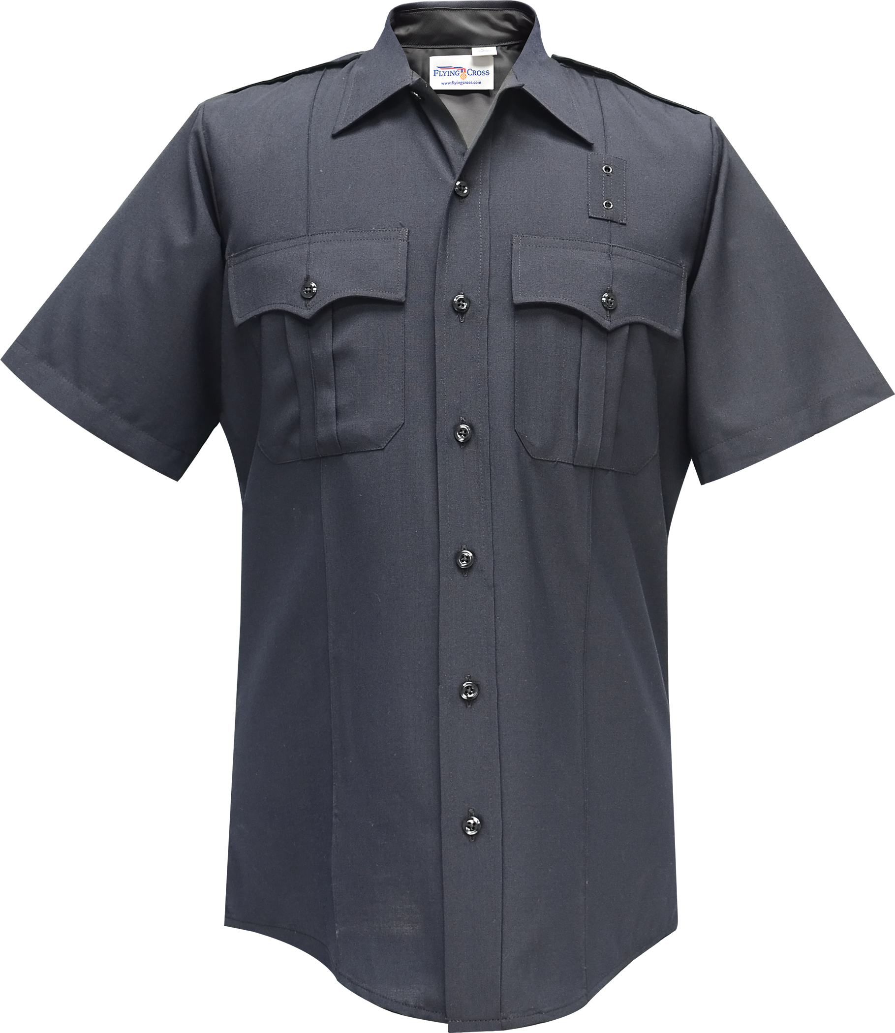 Flying Cross short-sleeve dark navy blue uniform shirt featuring black buttons, epaulets, and two chest pockets on a mannequin against a neutral background