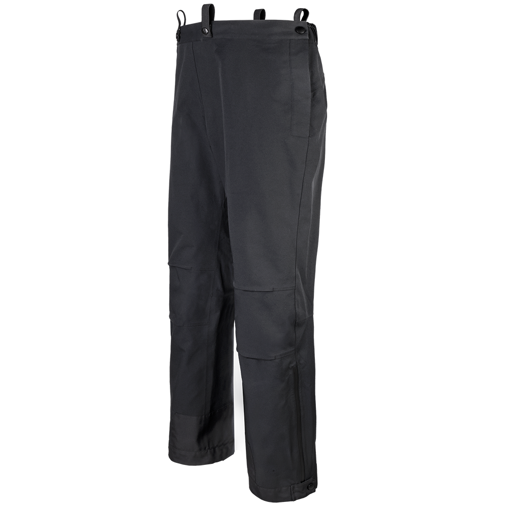 Product shot of dark gray bib pants with buttoned suspenders reinforced knees and zippered lower legs