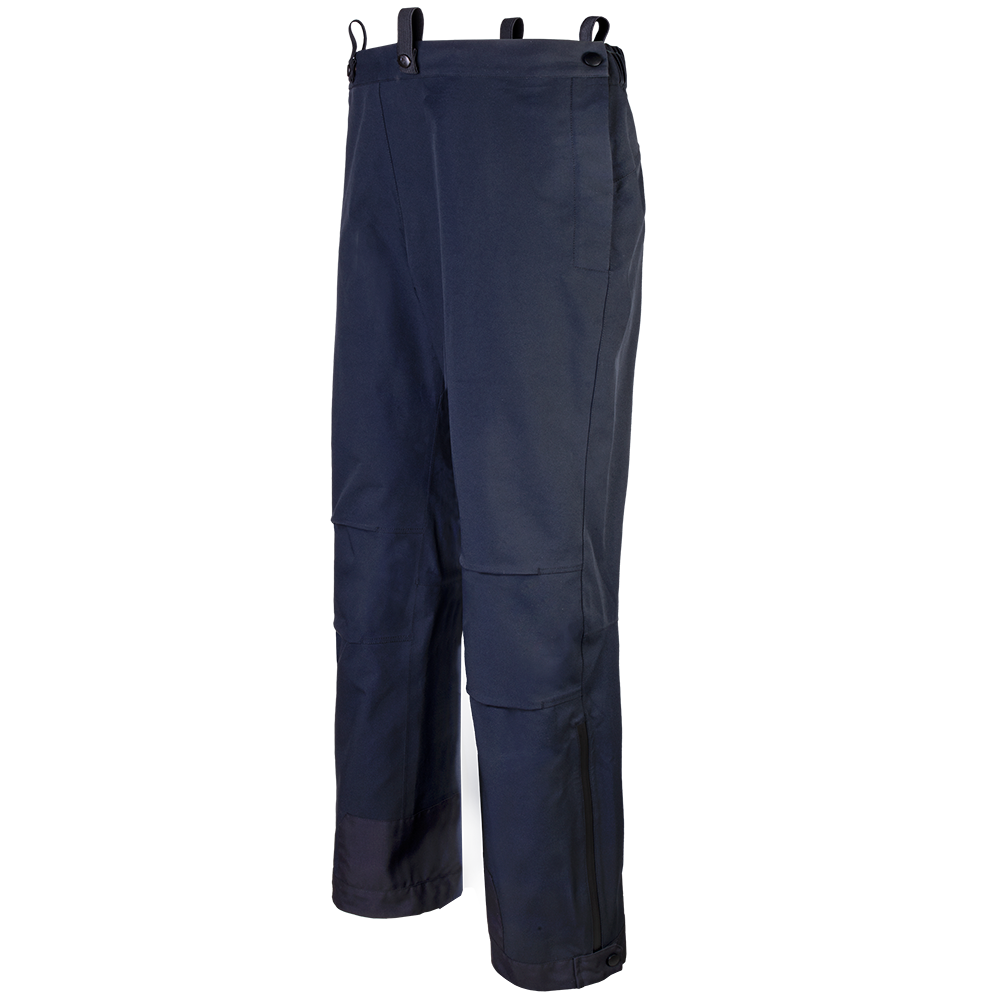 Product shot of navy blue waterproof pants featuring adjustable suspenders zippered side vents and reinforced knee patches
