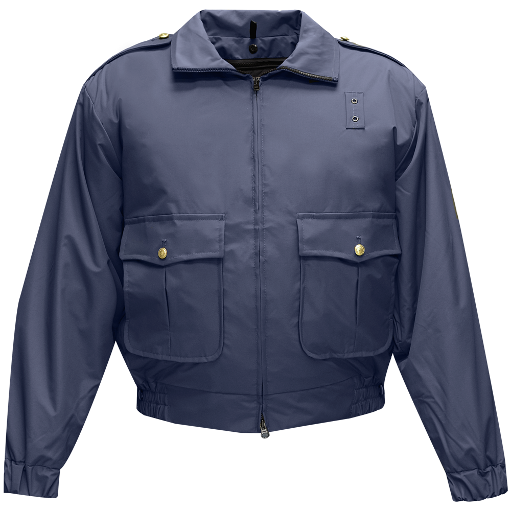 Product shot of a slate blue security jacket with brass buttons and zipper featuring two large flap pockets and a small, centered patch