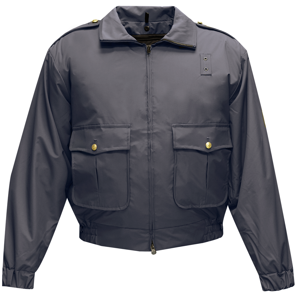 Product shot of a dark gray security jacket with gold buttons and zipper featuring two large flap pockets and a cinched waist