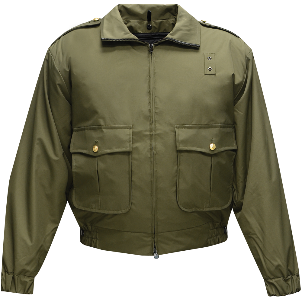 Product shot of an olive-green security jacket featuring brass buttons, zipper closure, and two large flap pockets
