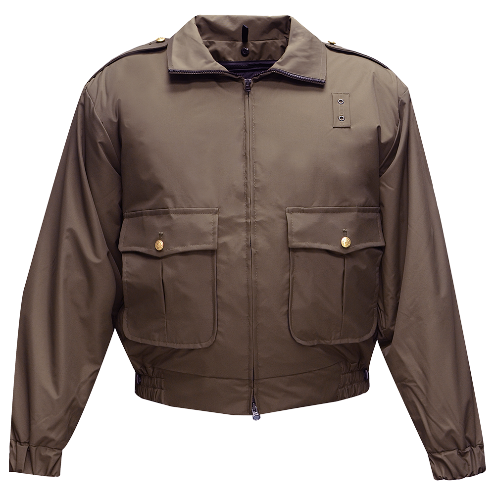 Product shot of a olive-green security jacket with brass buttons and adjustable cuffs featuring a zipper and two large pockets