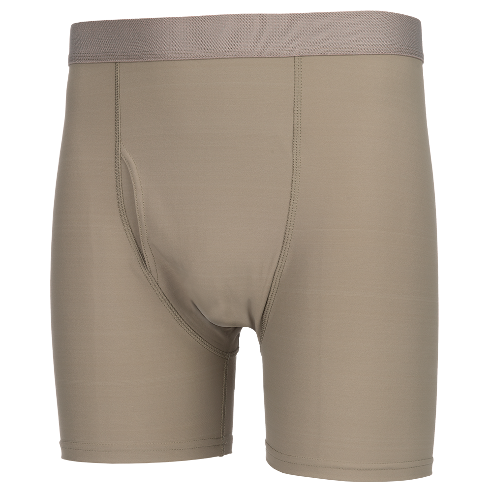 Product shot of beige men's boxer briefs featuring a comfortable waistband and a contoured pouch with subtle stitching details