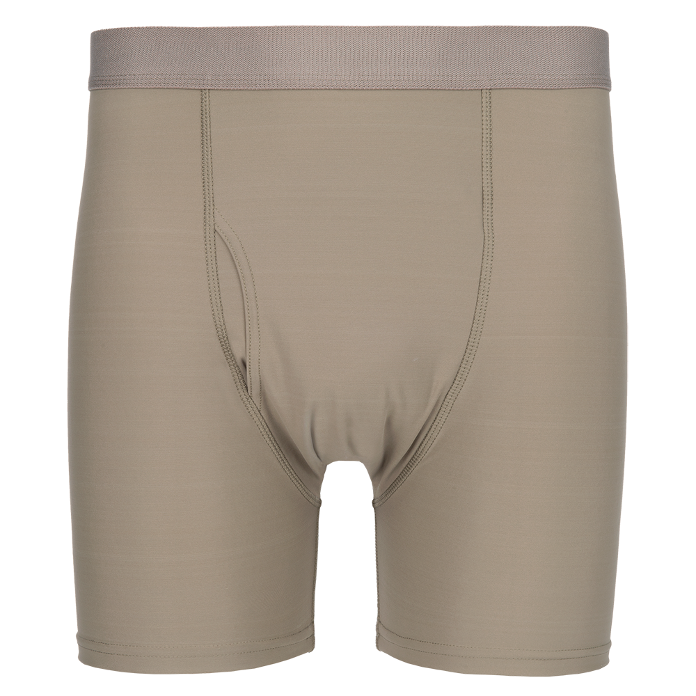 Product shot of beige men's boxer briefs featuring a comfortable elastic waistband and subtle seams showcasing a smooth fabric texture and a streamlined fit