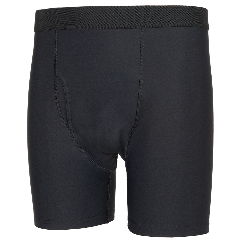 Product shot of black men's boxer briefs showing a contoured pouch and a comfortable waistband with smooth seams and a dark charcoal color
