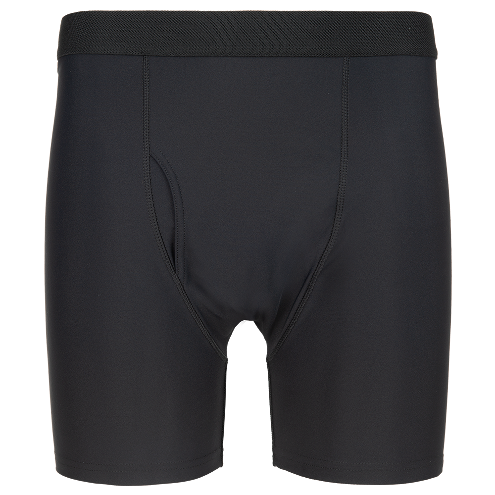 Product shot of black men's boxer briefs showing a comfortable fit, smooth fabric, and contoured pouch design