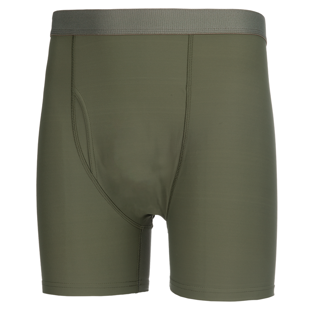 Product shot of olive green men's boxer briefs featuring a comfortable waistband and contoured pouch showcasing a smooth seamless design