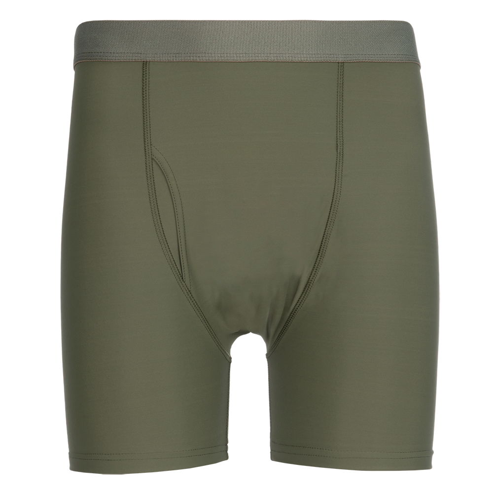Product shot of olive green men's boxer briefs featuring a comfortable waistband and subtle stitching details showcasing a smooth, soft fabric texture