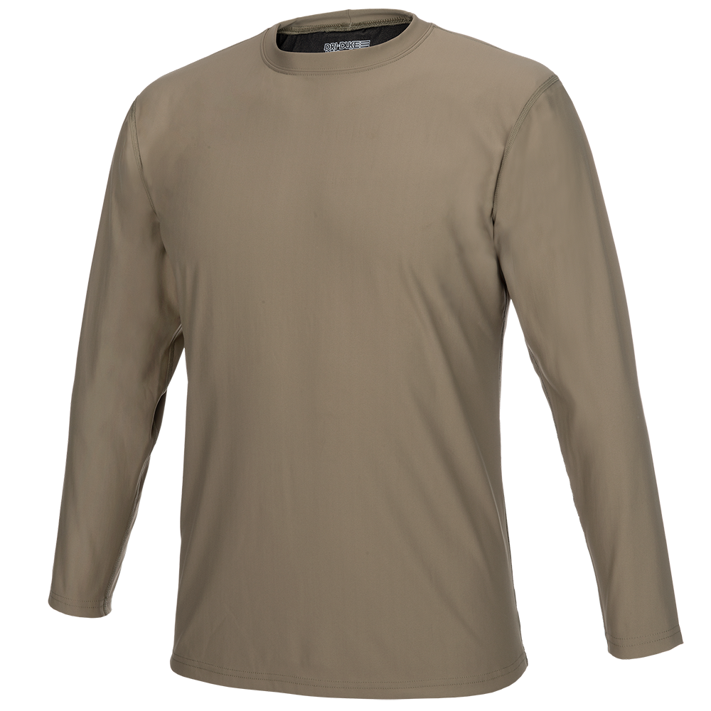 Product shot of a tan BRDOKE long-sleeve shirt showing the crew neck and subtle texture of the fabric