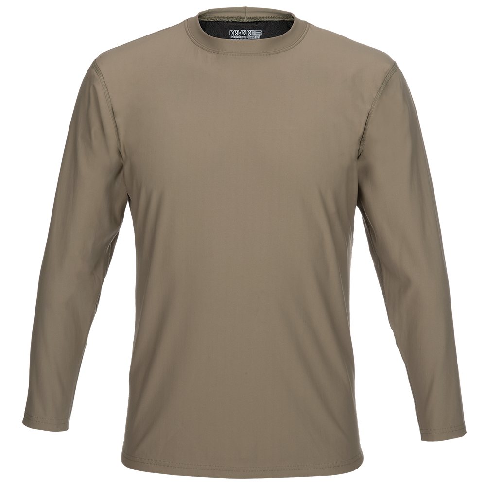 Product shot of a Dri Duck men's long-sleeve crew neck shirt in khaki featuring a subtle logo and soft comfortable fabric with a tailored fit