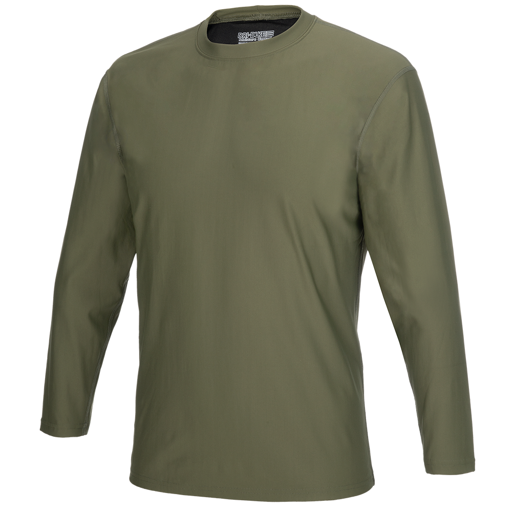 Product shot of a Dri-Fit long-sleeve shirt in olive green showing a crew neck and subtle stitching details