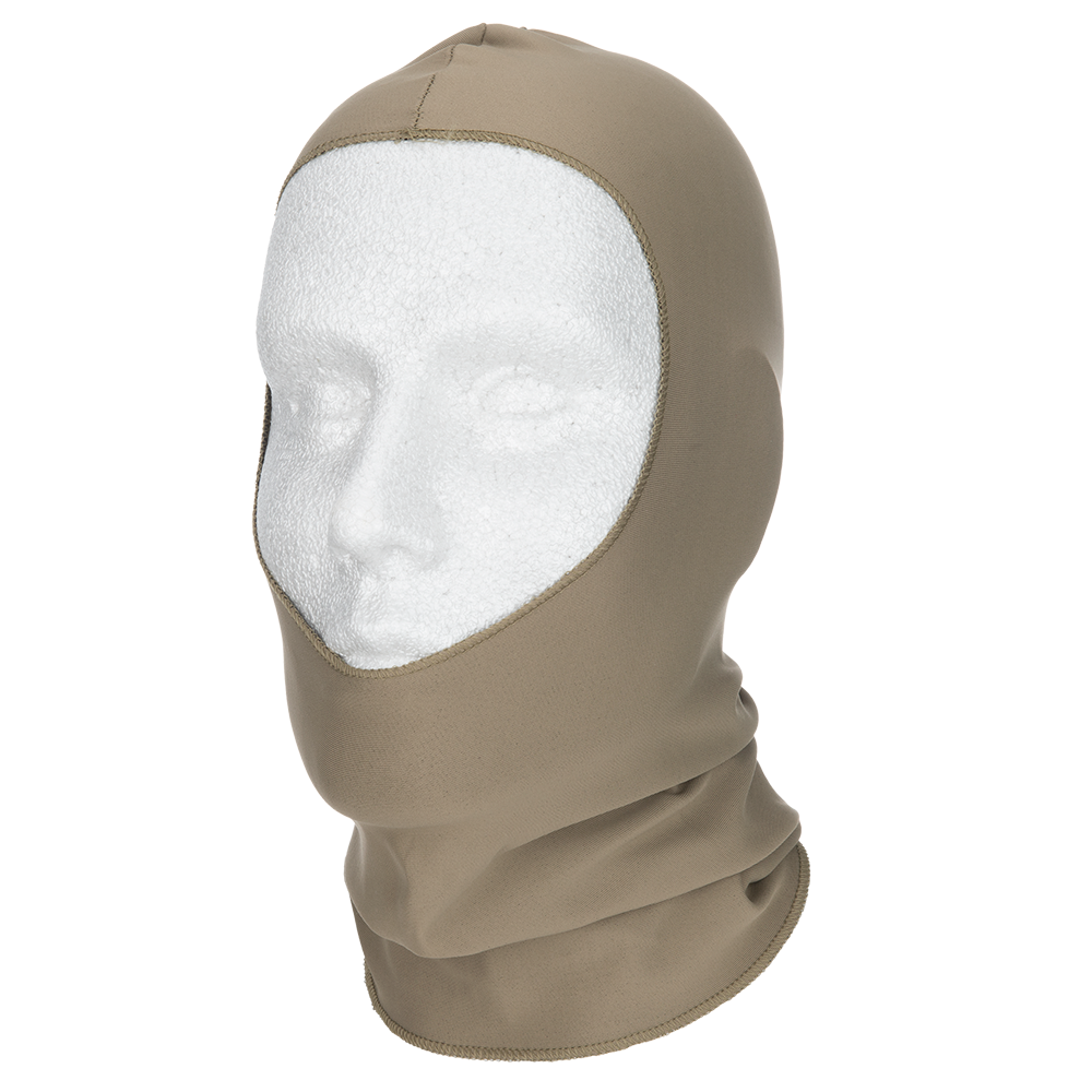 Product shot of a tan balaclava on a mannequin head showing a close-up view of the fabric texture and stitching details with a soft tan color and a snug fit around the face and neck