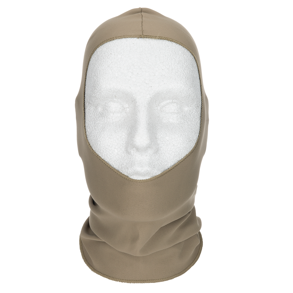 Product shot of a tan balaclava on a mannequin head showcasing its soft fabric subtle stitching and comfortable fit