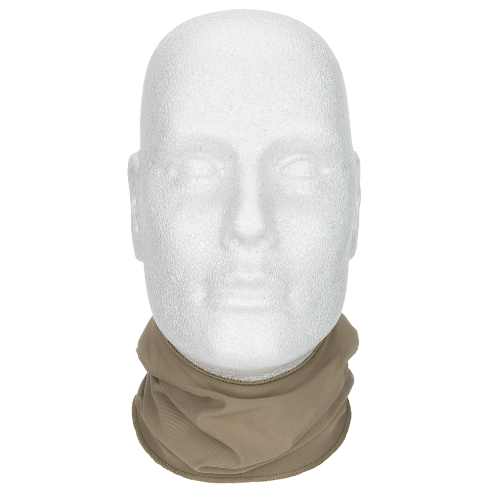 Product shot of a beige neck gaiter on a styrofoam mannequin head showing its soft texture subtle stitching and comfortable fit