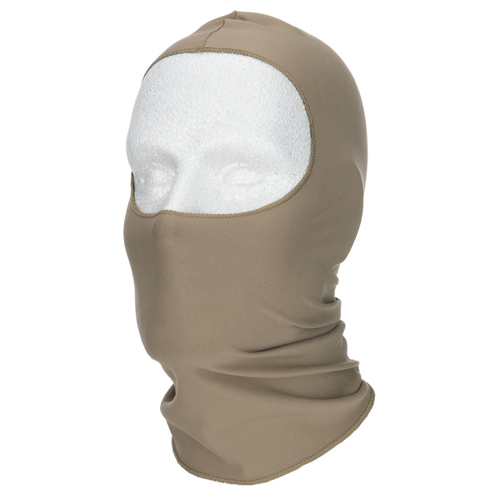 Product shot of a tan balaclava with a soft texture, featuring a stitched neckline and eye opening, shown on a mannequin head.
