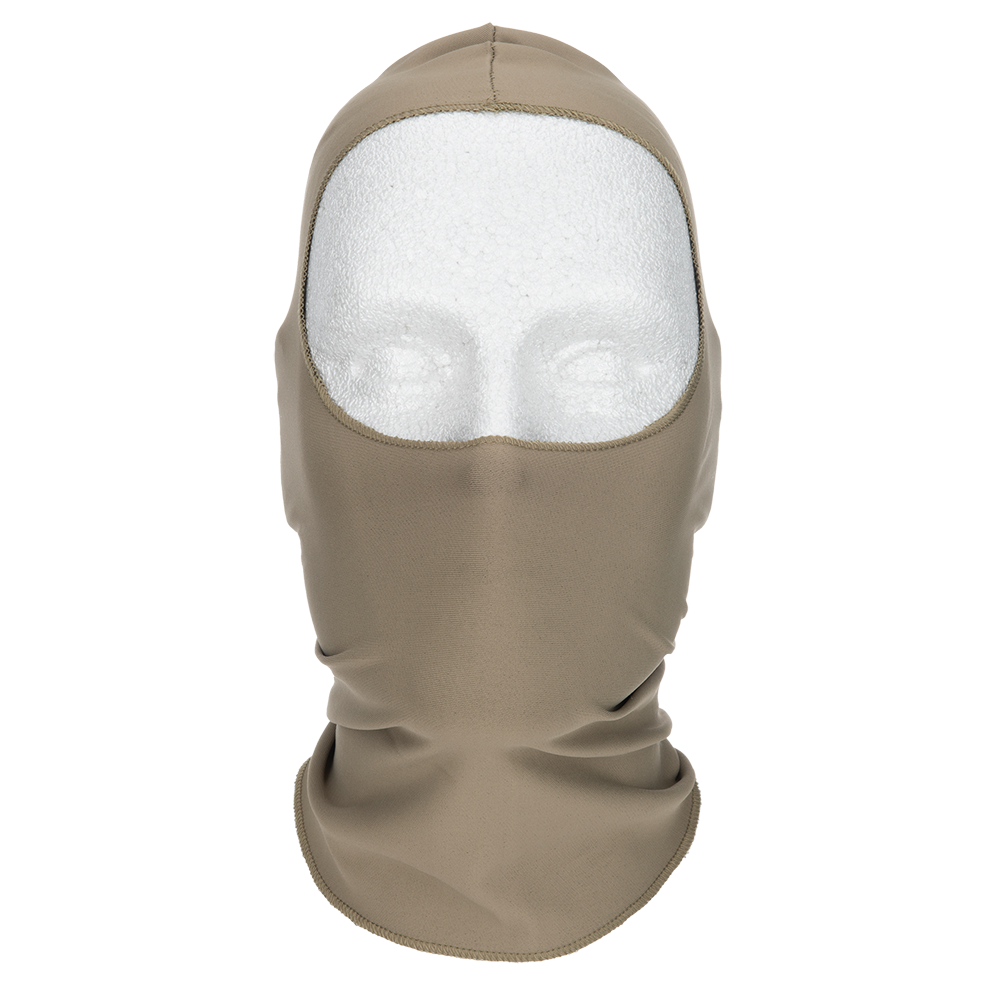Product shot of a tan nylon balaclava on a mannequin head showing its soft texture, subtle stitching, and eye openings.