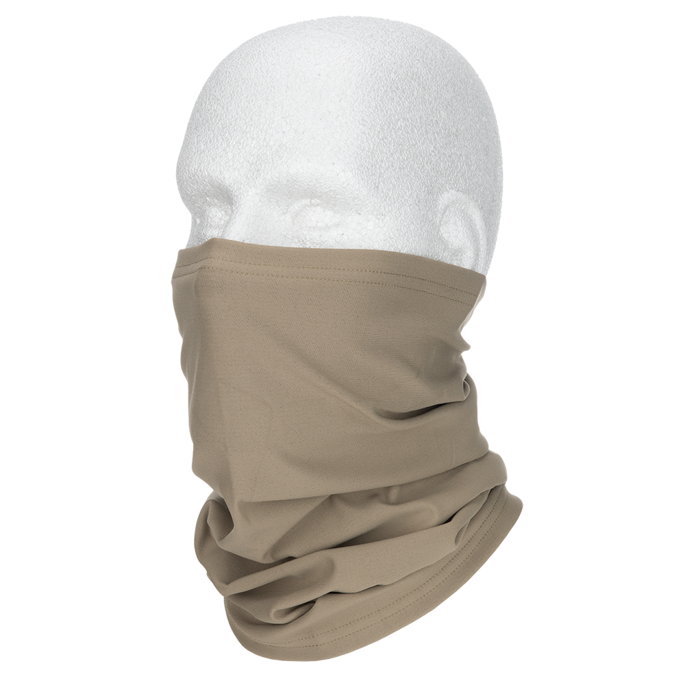Product shot of a tan neck gaiter on a mannequin head showcasing its soft texture subtle stitching and comfortable drape