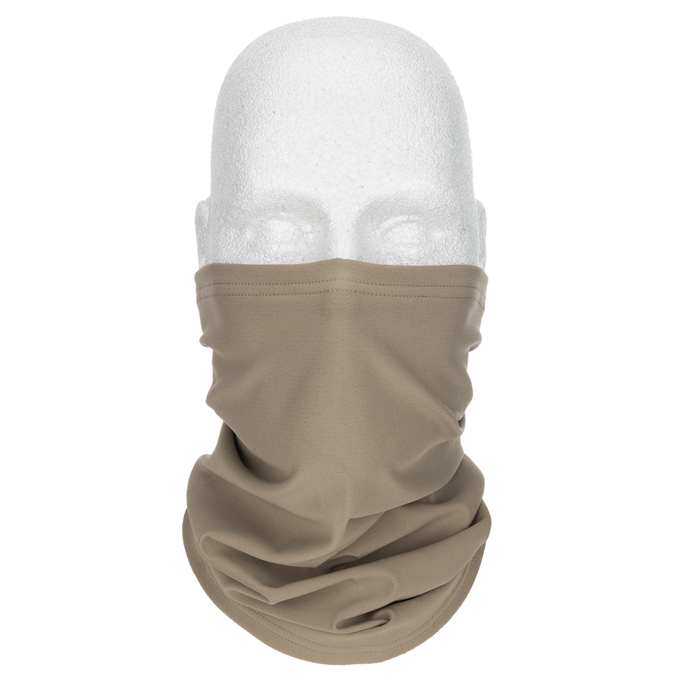 Product shot of a beige neck gaiter on a mannequin head showing its soft texture subtle stitching and comfortable drape