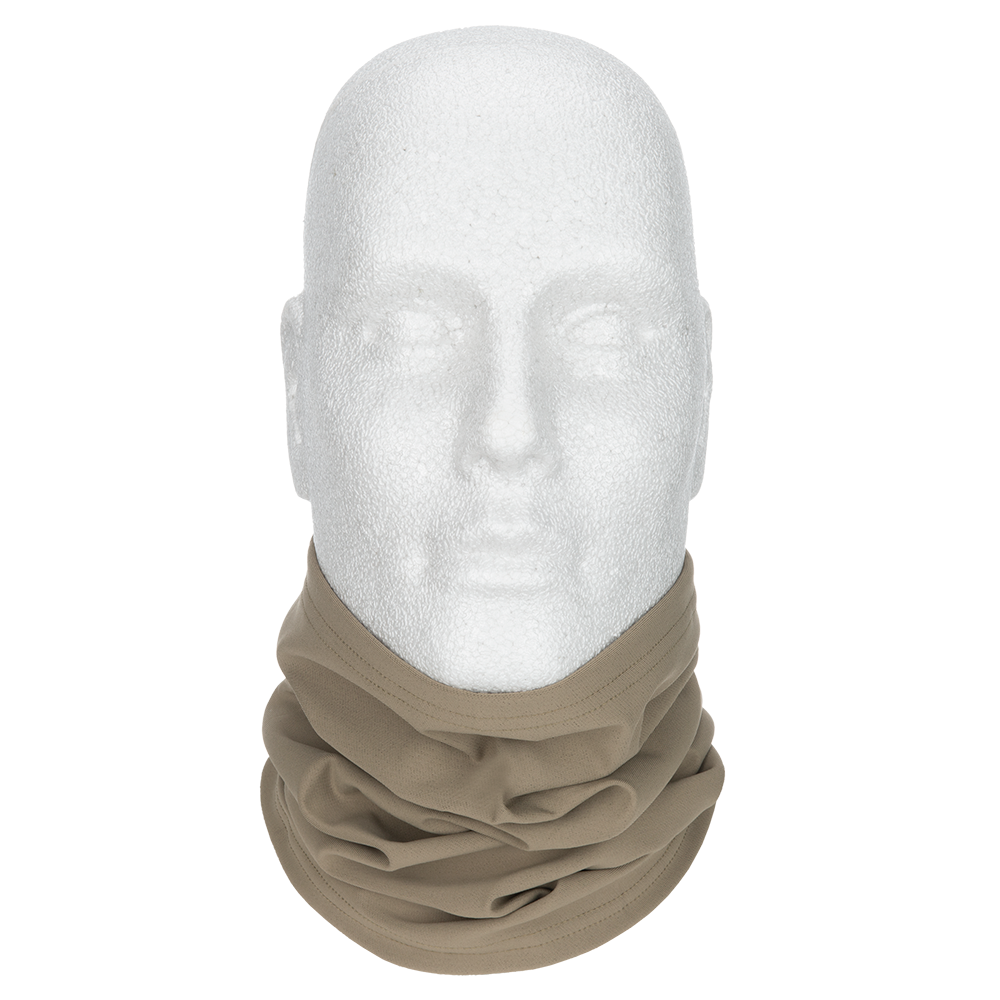 Product shot of a beige neck gaiter on a styrofoam mannequin head showing its soft texture subtle stitching and comfortable fit