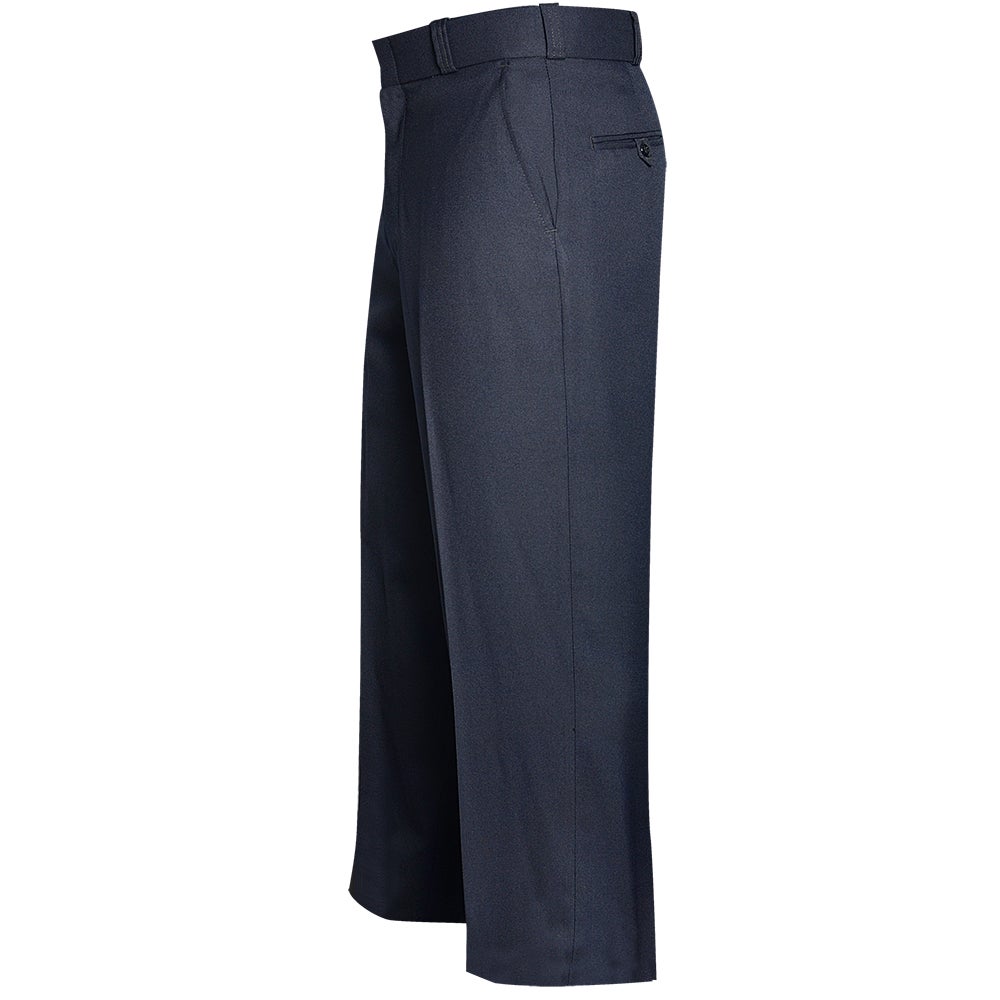 Product shot of dark navy blue trousers with a center crease and a visible pocket featuring a button detail against a white background